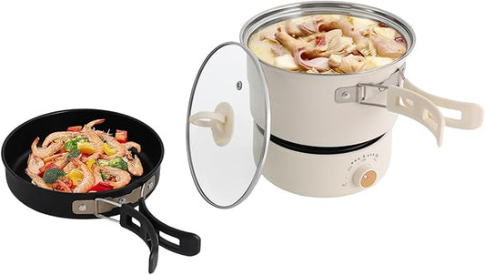 Portable Electric Hot Pot with Foldable Handles, Non-stick Frying Pan, Mini Hot Pot, Multi-Functional Ramen Noodle Cooker for Pasta, Oatmeal, Soup, Steak with Power Adjustment, Steaks and Vegetables