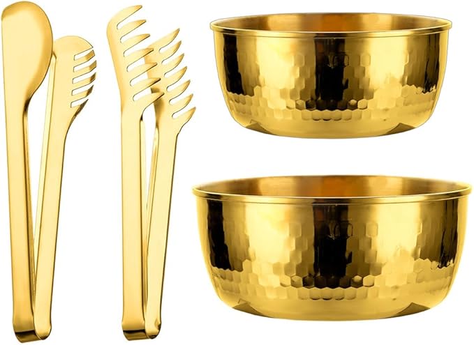Stainless Steel Mixing Bowls with Food Tongs Set, Meal Prep Metal Mixing Bowls For Home, Refrigerator,and Kitchen Food Storage Organizers - Gold