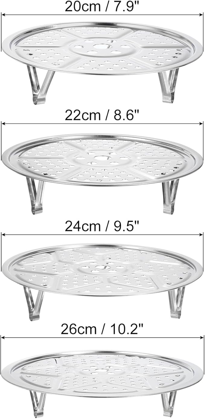 uxcell 4pcs Stainless Steel Steamer Rack with Stand, 7.9 Inches/8.6 Inches/9.5 Inches/10.2 Inches Pot Steaming Tray for Steamer Cookware Instant Pressure Cooker