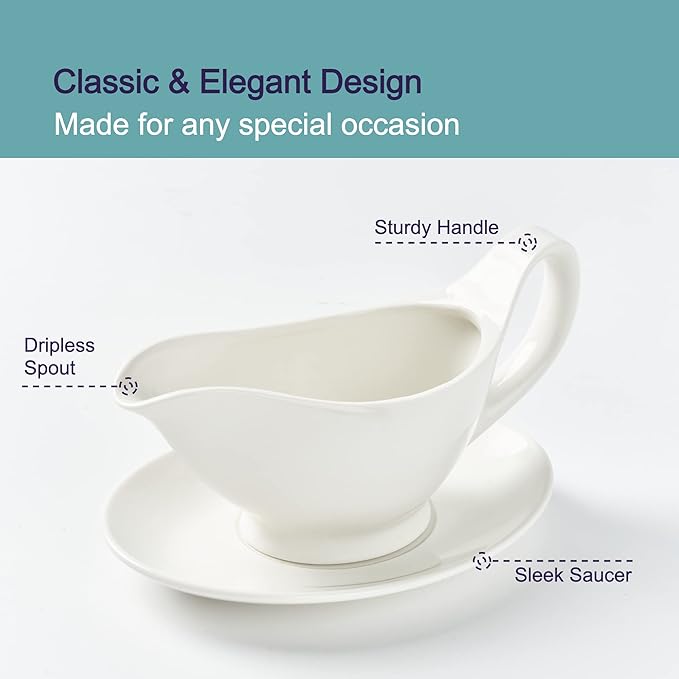 Gravy Boat with Saucer - 16oz Fine Porcelain Sauce & Salad Dressing Boat (White)