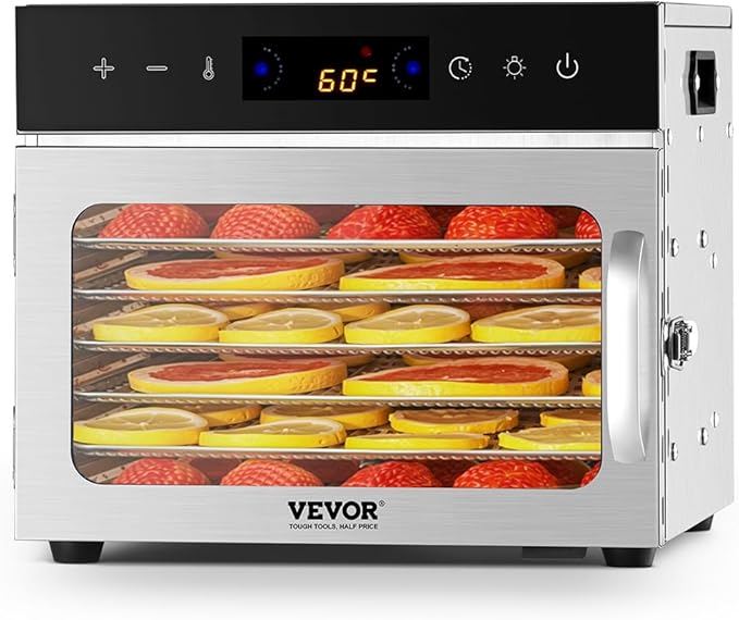 VEVOR Food Dehydrator Machine, 6 Stainless Steel Trays, 400W Electric Food Dryer with Adjustable Temperature & 24-Hour Timer, Food Dryer for Jerky, Meat, Fruit, Vegetables, Herbs, Dog Treats
