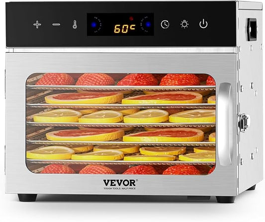 VEVOR Food Dehydrator Machine, 6 Stainless Steel Trays, 400W Electric Food Dryer with Adjustable Temperature & 24-Hour Timer, Food Dryer for Jerky, Meat, Fruit, Vegetables, Herbs, Dog Treats