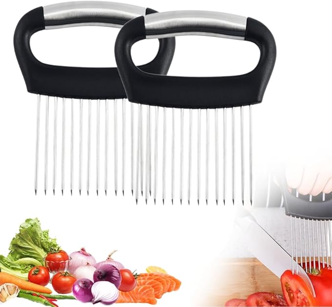 Stainless Steel Onion Slice Holder, Onion Holder for Slicing, Egg Cutter Vegetable Chopper, Ultifunctiona Fruit Slicer OnionPin Slicer Loose Meat Pin, Kitchen Chopper Slicing Tool (2, A)