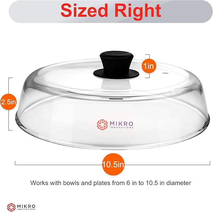 Glass Microwave splatter cover for food plate - Sturdy Borosilicate glass splatter guard with vent hole - 100% Food Safe BPA free Easy Grip Silicone Knob and Dishwasher safe - 10.5in