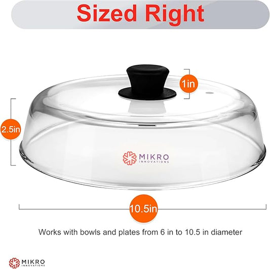 Glass Microwave splatter cover for food plate - Sturdy Borosilicate glass splatter guard with vent hole - 100% Food Safe BPA free Easy Grip Silicone Knob and Dishwasher safe - 10.5in