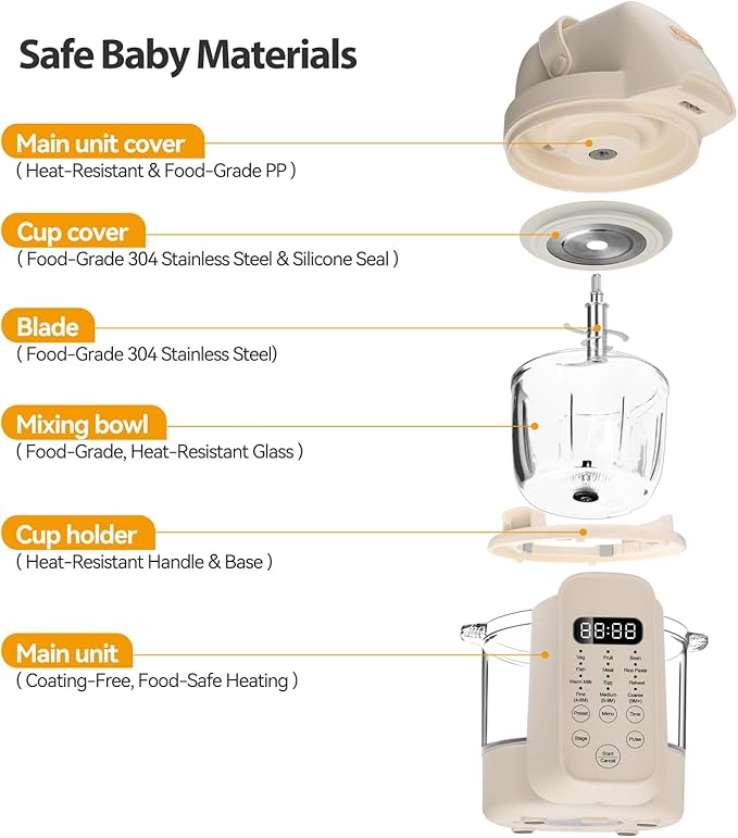 Baby Dolce Baby Food Maker, 9 in 1 Glass Baby Food Processor Steamer Puree Blender with 6 Blades, One Step Cook Grinding, Touch Screen Control, Multifunctional Blender with 24h Timer, Dishwasher Safe