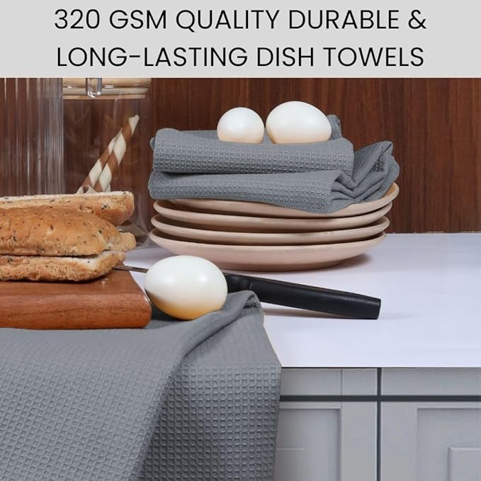 Waffle Kitchen Towels Large 16x26 inch 100% Cotton Set of 4 - Soft Absorbent Washable Tea Towel for Kitchen - Dish Cloths Quick Drying - 320 GSM Quality Dish Towel Grey