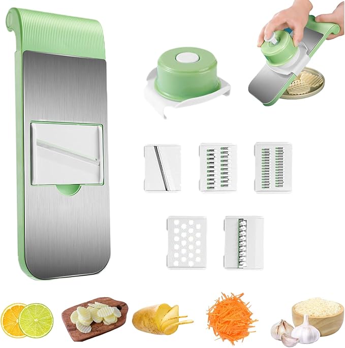 Multifunctional Vegetable Cutter, 6-in-1 Chopper Vegetable Cutter, Stainless Steel Multifunctional Vegetable Cutters & Slicer with 5 Detachable Blades, Mandoline Slicer for Kitchen (5 styles green)