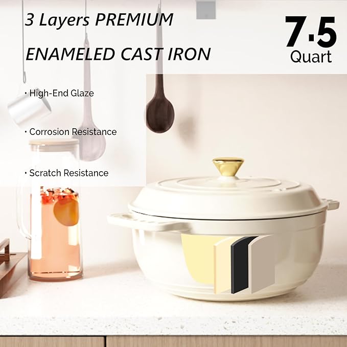 VINGLI 7.5QT Enameled Cast Iron Round Dutch Oven Pot with Lid, NonStick Casserole Pot with Dual Handles & Silicone GlovesRed, Oven Safe up to 500°F or on Stovetop, Dutch Oven for Bread Baking, White