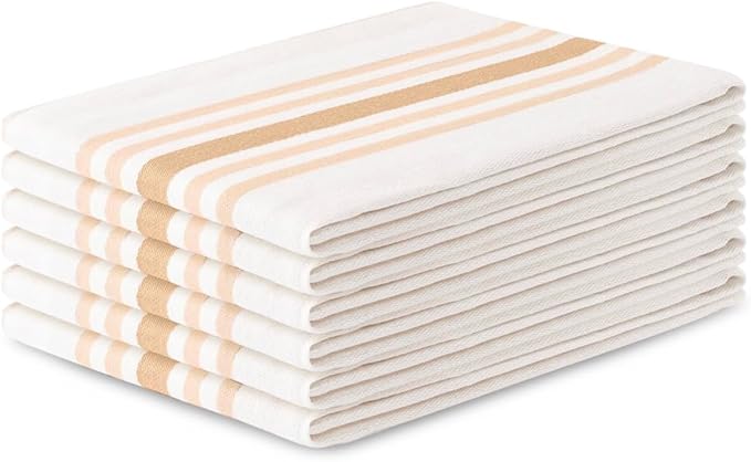 Kitchen Towel Set of 6, 100% Cotton Quick-Drying Absorbent Dish Towels & Tea Cloths, 20x30 Inch, Decorative Farmhouse Towels for Kitchen, Beige Stripes