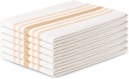 Kitchen Towel Set of 6, 100% Cotton Quick-Drying Absorbent Dish Towels & Tea Cloths, 20x30 Inch, Decorative Farmhouse Towels for Kitchen, Beige Stripes