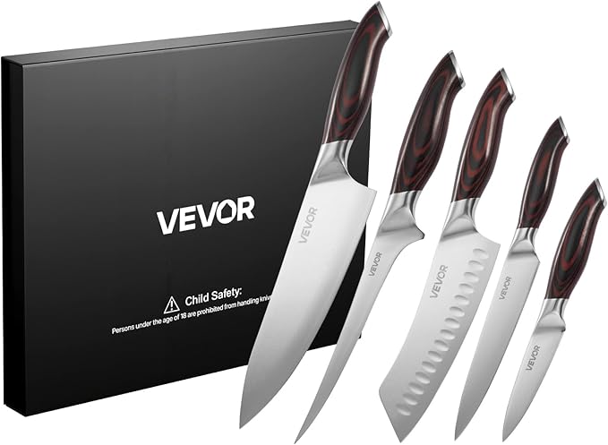 VEVOR Kitchen Knife Set, 5 Piece High Carbon Stainless Steel Sharp Knife Set, Durable and Rust-Resistant, Professional Kitchen Cutlery with Ergonomic Crack-Resistant Handle, for Precise Cutting