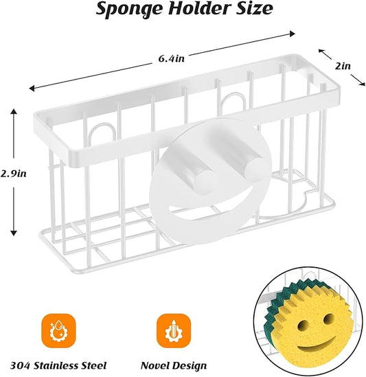 Sponge Holder Smiley Face, Kitchen Organizer with 2 Suction Cups/1 Adhesive Strips,Designed for Sponge,Soap,Dish Brush,Scrubber - White