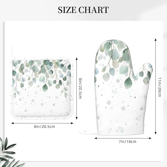 Sage Green Eucalyptus Silicone Oven Mitts and Pot Holders Sets Watercolor Leaves Kitchen Mitts Potholder Kitchen Accessories for Cooking Baking BBQ