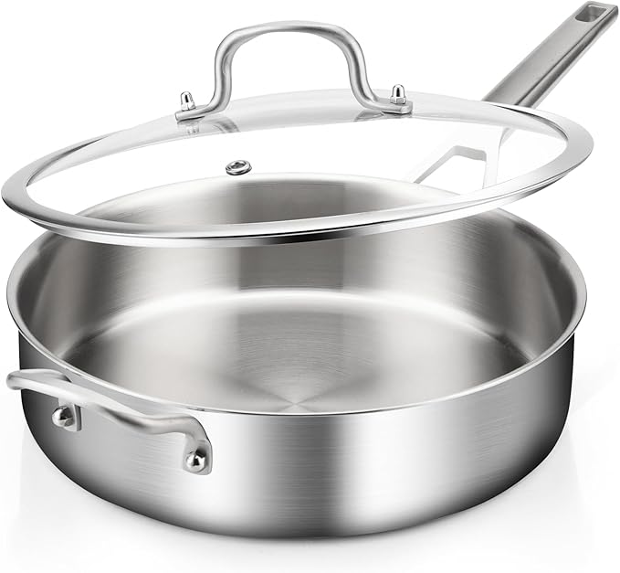 Yeksum 3-Quart Saute Pan with Lid | 10-Inch 3-Ply 18/10 Stainless Steel Deep Fry Pan & Large Skillet, Healthy Non-Toxic Cookware, Oven Safe 600°F & Dishwasher Safe