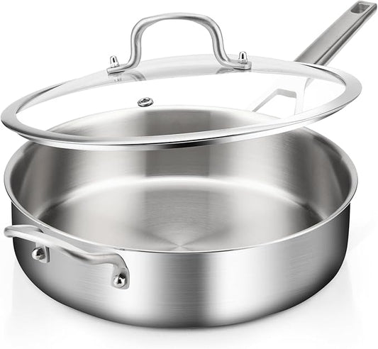 Yeksum 3-Quart Saute Pan with Lid | 10-Inch 3-Ply 18/10 Stainless Steel Deep Fry Pan & Large Skillet, Healthy Non-Toxic Cookware, Oven Safe 600°F & Dishwasher Safe