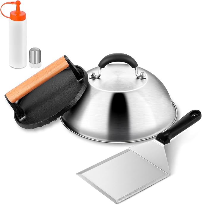 Leonyo Smashed Burger Kit, 9" Cheese Melting Dome, 7" Burger Press, Griddle Spatula, 2Pcs Squeeze Squirt Bottles, Spice Dredge Shaker, Griddle Accessories Kit for Flat Top Grill Cooking Indoor Outdoor