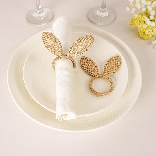 Easter Napkin Rings Set of 6, Burlap Jute Bunny Ear Napkin Rings, Rabbit Ear Napkin Ring Holders for Easter Party Banquet Dinning Spring Table Decoration