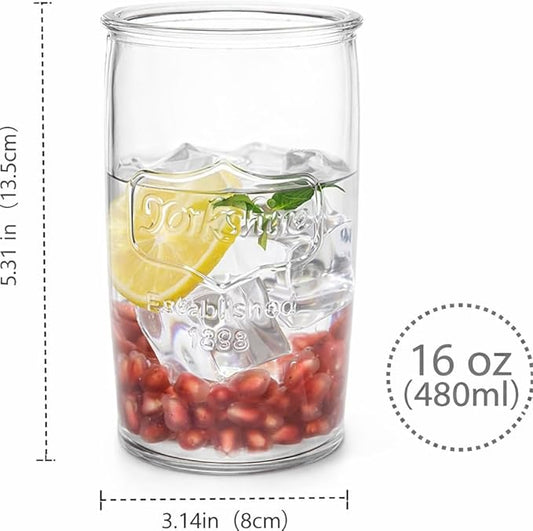 kitchentoolz Drinking Glasses Set of 6 - Yorkshire Tumbler 16 oz Glassware Cups for Cold Drinks, Iced Tea, Water, Cocktails - Classic Mason Jar Style