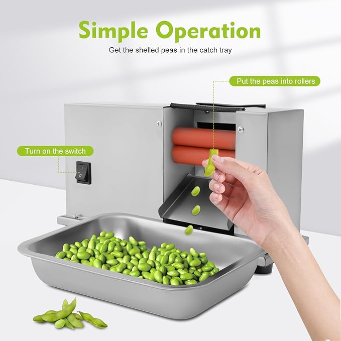 Electric Pea Sheller 15W 240V Semi-automatic Bean Shelling Machine 22 Lbs/H Pea & Bean Sheller Machine with Catch Tray Stainless Steel Commercial Beans Stripper Sheller for Restaurant, Home