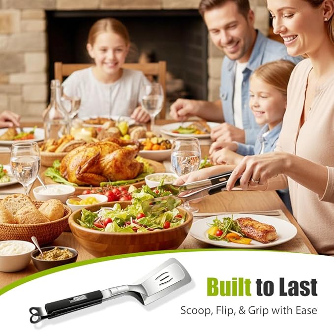 Stainless Steel Grill Clamp, 2026 Upgraded Multifunctional Frying Spatula, Rubber-Grip Tongs-Spatula, Perfect for Grilling, Cooking, Frying, and Griddling (2)