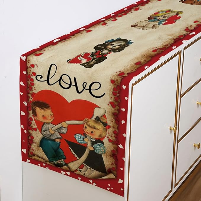 Vintage Valentine's Day Table Runner Valentines Decorations - Red Love Vintage Style Boys and Girls Valentines Day Anniversary Home Kitchen Dining Table Decor, Valentines Party Decor 13 x 72 Inch