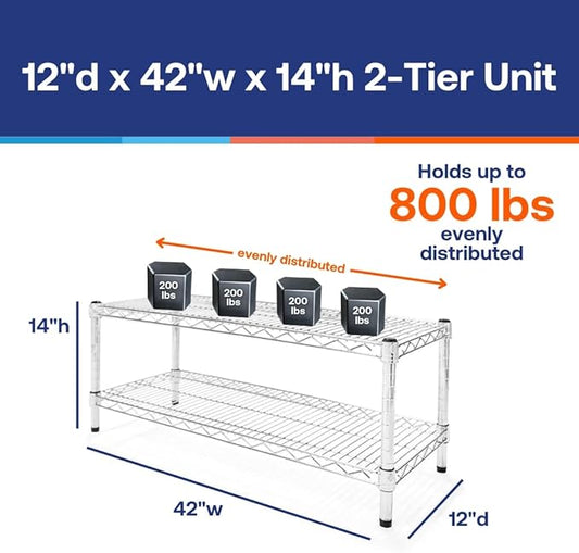 Shelving Inc. 12" d x 42" w Chrome Wire Shelving with 2 Tier Shelves, Weight Capacity 800lbs Per Shelf