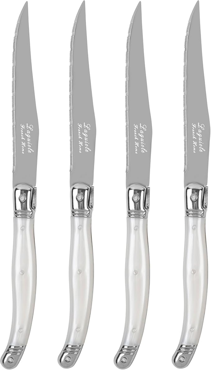 French Home Laguiole Connoisseur 4-Piece Steak Knife Set – Stainless Steel with Pearl White Handles, Etched Detailing & Napoleon Bee Emblem – Serrated Knives for Smooth Cutting (9.25")