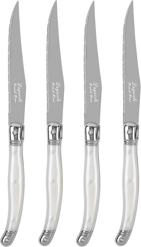 French Home Laguiole Connoisseur 4-Piece Steak Knife Set – Stainless Steel with Pearl White Handles, Etched Detailing & Napoleon Bee Emblem – Serrated Knives for Smooth Cutting (9.25")
