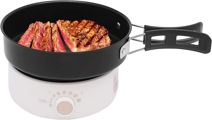 Portable Electric Hot Pot 500W 1.6L with Foldable Handles Power Adjustment Non-stick Frying Pan Mini Hot Pot Multi-Functional Ramen Noodle Cooker for Noodles Steak Cooker (White)