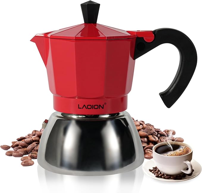 LAOION Stovetop Espresso Maker, 3Cup Moka Pot, Espresso Machine Compatible with Induction Cooktops, 150ml Stainless Steel & Aluminum Cuban Coffee Maker for Cafetera Cubana, Red