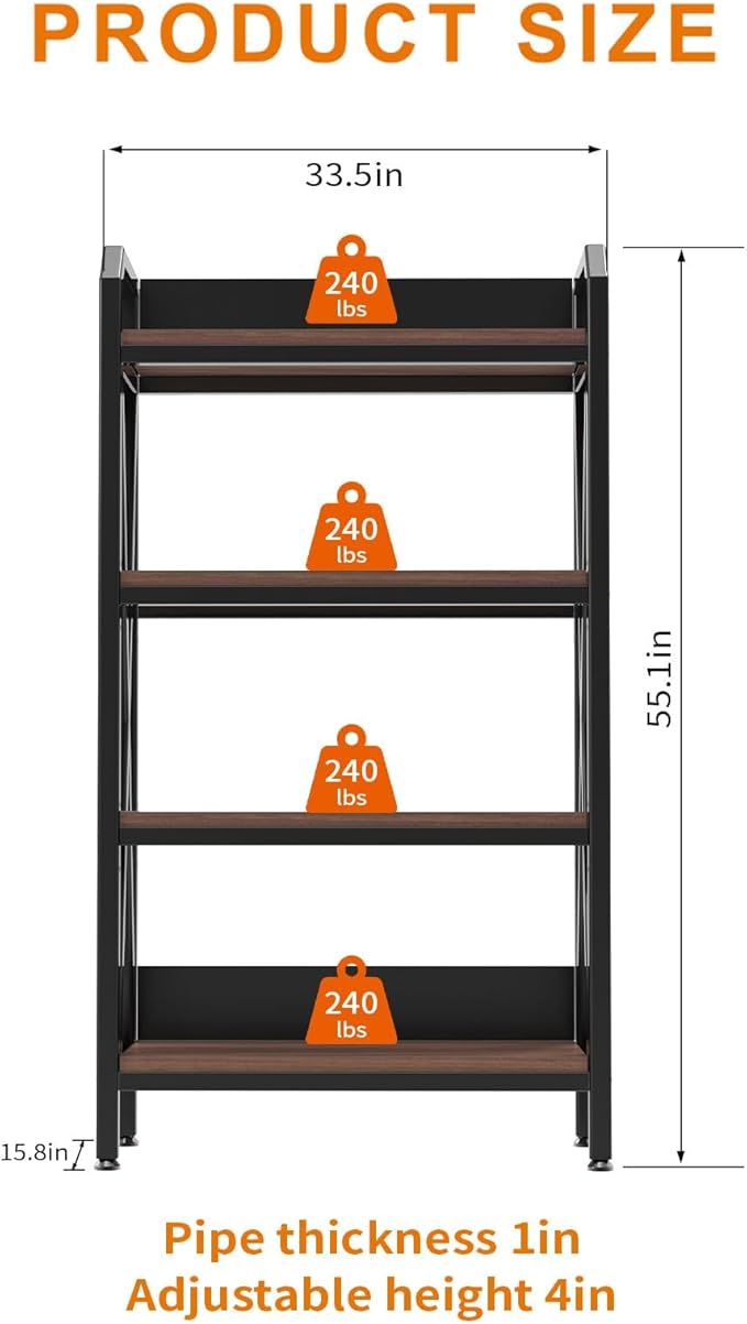 Bakers Rack with 4-Tier Adjustable Wood Shelves, Heavy-Duty Metal Frame Kitchen Shelf Organizer, Microwave Stand for Kitchen, Living Room, Apartments, 33.5'' Wide for Extra Space