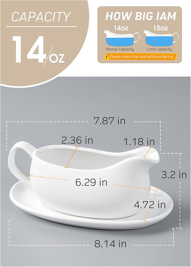Gurygo Gravy Boat and Tray - 14oz Fine Porcelain Sauce & Salad Dressing Boat -Ceramic Sauce Boat for Gravy, Salad Dressings, Microwave & Freezer Safe (White)