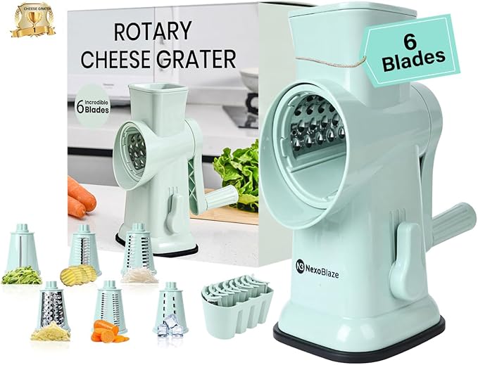 6 in 1 Rotary Cheese Grater Hand Crank with 6 Stainless Steel Blades, Cheese Shredder with Reinforced Suction Base, Grater For Cheese, Vegetables, Nuts and Ice, Easy to Clean