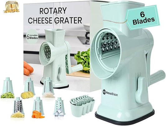 6 in 1 Rotary Cheese Grater Hand Crank with 6 Stainless Steel Blades, Cheese Shredder with Reinforced Suction Base, Grater For Cheese, Vegetables, Nuts and Ice, Easy to Clean