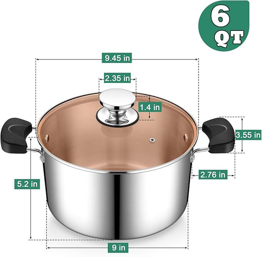 P&P CHEF 6 Qt Stockpot with Lid, Stainless Steel Cooking Stock Pot for Soup, Heat-Proof Double Handles with Visible Lid, Dishwasher Safe & Healthy, 3-Ply Metal