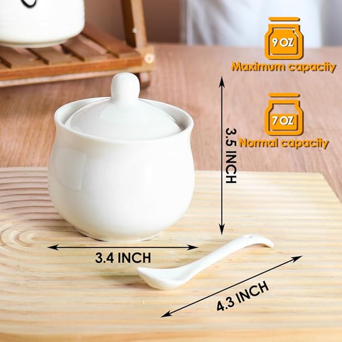 Ceramic Sugar Bowl with Lid and Spoon, Porcelain Salt Storage Jar, White Seasoning Container for Home and Kitchen, 7 Ounces (White)