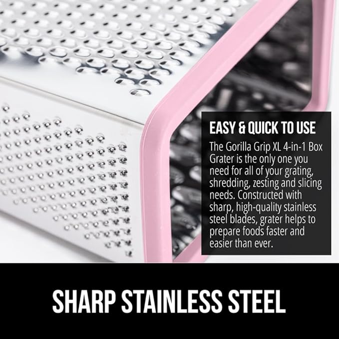 GORILLA GRIP 4-Sided Stainless Steel Cheese Grater With Container, 100% BPA-Free Box Grater, Slip Resistant Base and Handle, Grate Parmesan, Hard Cheeses, Shred Vegetables, Dishwasher Safe, Pink
