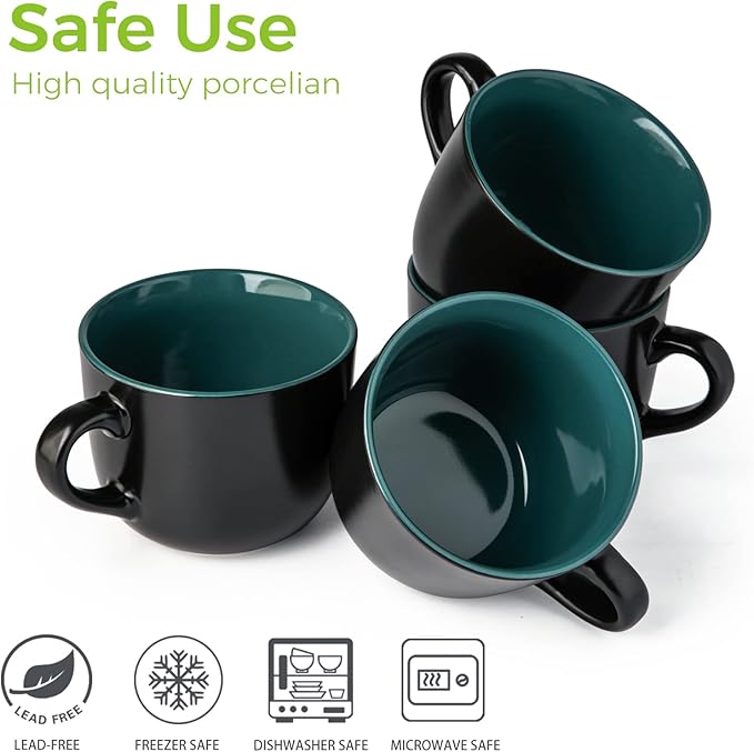 GBHOME Jumbo Soup Mugs with Handles, 24 Oz Large Coffee Mugs Set of 4, Ceramic Soup bowls for Coffee,Cereal,Snacks,Salad,Noodles etc Soup Cups,Microwave&Dishwasher safe-Green Inside