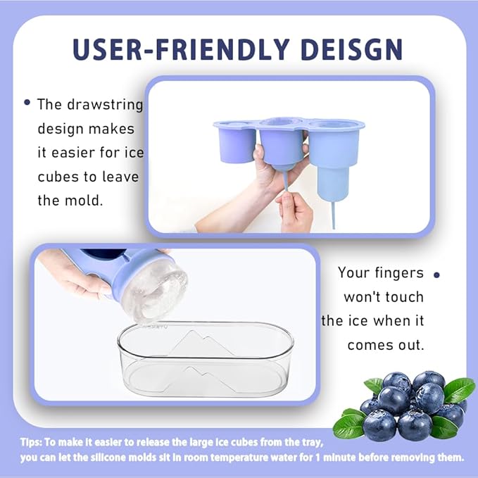 2PC Ice Mold for Stanley Cup 30/40 Oz - Easy Fill and Release Without Touching Ice, Silicone Ice Cube Tray with Clear Lid and Bin for Freezer, Whiskey, Cocktail (Blue+Blue)