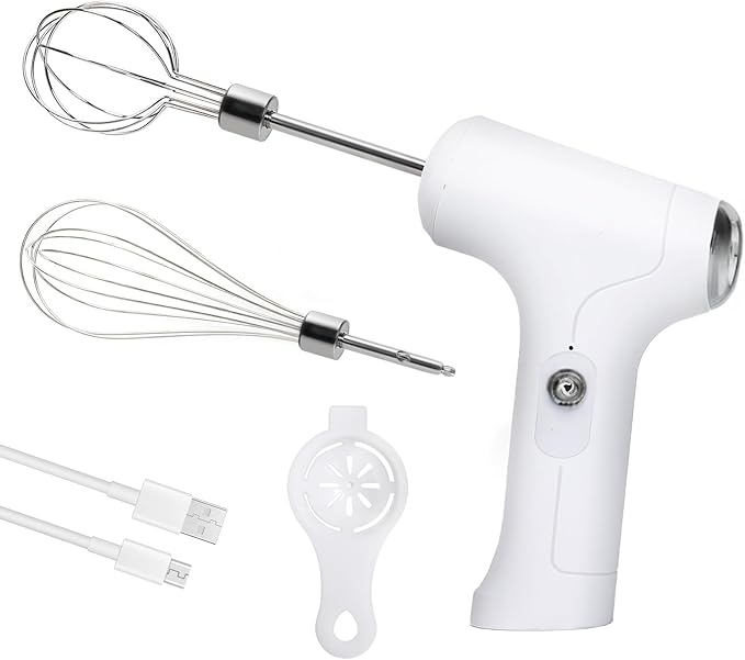 CHIDOYII Cordless Hand Mixer, Handheld Electric Whisk with 3 Speed Modes, Hand Held Egg Beater with 2 Detachable Stir Whisks (White Silver)