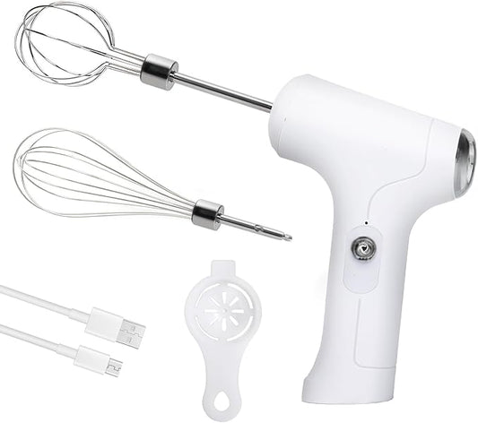 CHIDOYII Cordless Hand Mixer, Handheld Electric Whisk with 3 Speed Modes, Hand Held Egg Beater with 2 Detachable Stir Whisks (White Silver)