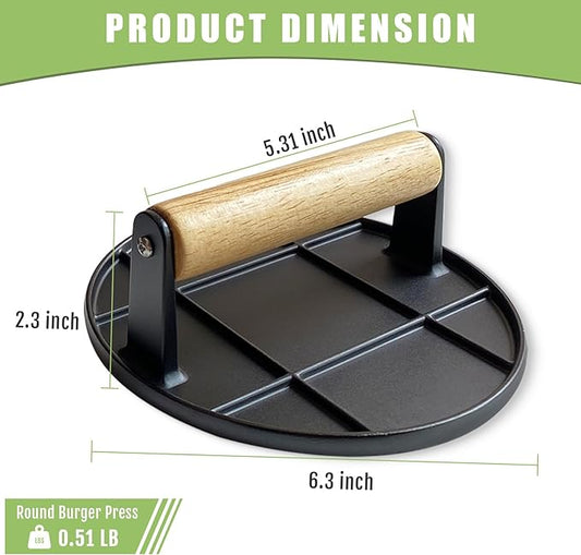 Burger Press,Smash Burger Press for Griddle with Wood Handle,Burger Smasher for Grill, Steak Bacon Smasher for Camping (Round)