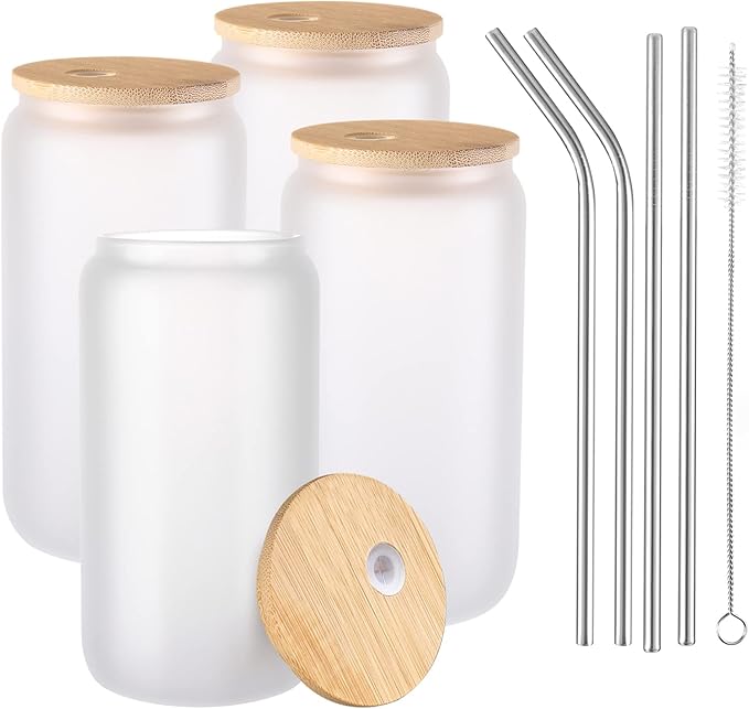 Sublimation Glass Blanks with Bamboo Lid 4pc Set, 16oz Frosted Glass Cups with Lids and Straws, Beer Can Glass Tumblers, Iced Coffee Soda Drinks Beer Cups