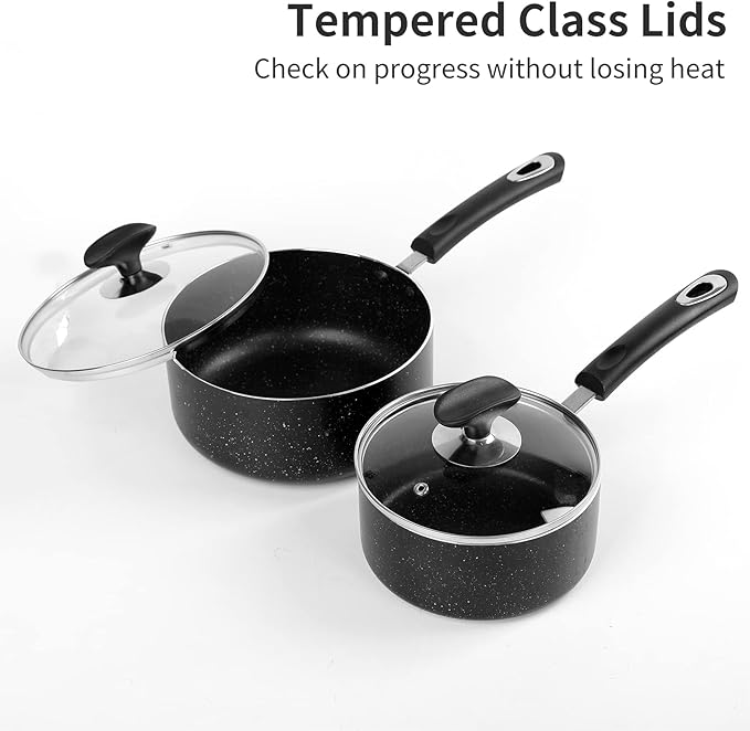 RATWIA Nonstick Saucepan Set - 1.5 Quart and 2.5Quart,Ultra Non Stick Sauce Pan Small Pot with Glass Lid,Great for Home Kitchen Restaurant,Black