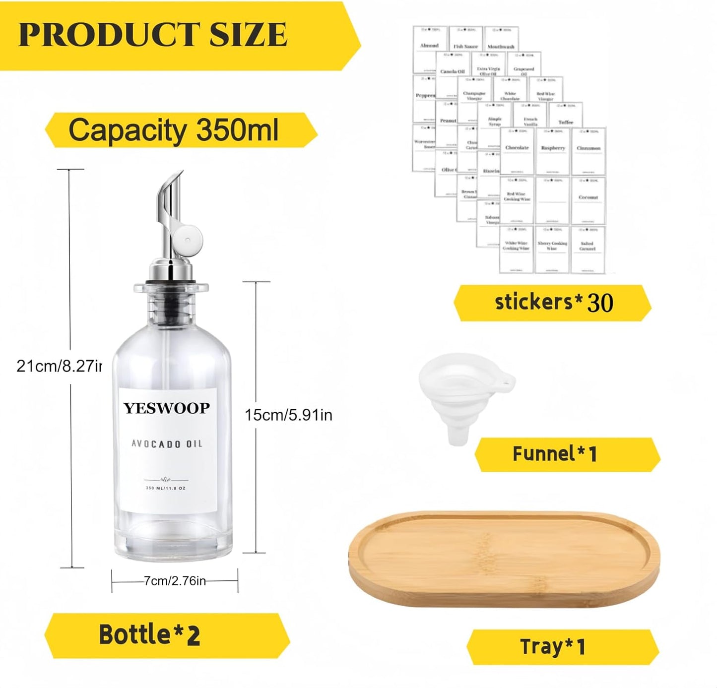 Olive Oil Dispenser for Kitchen, 11.8oz/350ml Glass Oil Bottles with Bamboo Tray and Labels, Oil&Soy sauce Cruet Set, Kitchen Dispenser Bottles with Pourer | Set of 2 (Silvery, 11.8, ounces)