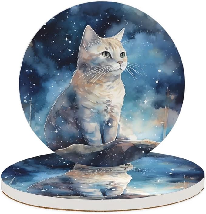 Round Coasters Set of 2, Starry White Cat Absorbent Ceramic Coaster with Cork Base, Bar Coasters for Drinks Coffee Mugs Tea Cups Wine Glasses Home Decor Gifts (4 inches)