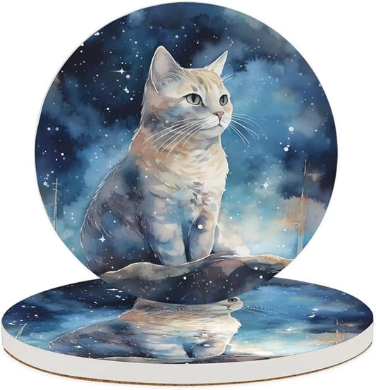 Round Coasters Set of 2, Starry White Cat Absorbent Ceramic Coaster with Cork Base, Bar Coasters for Drinks Coffee Mugs Tea Cups Wine Glasses Home Decor Gifts (4 inches)