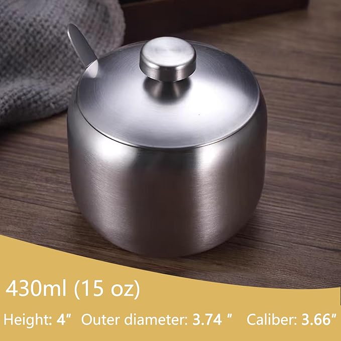 15oz Sugar Bowl with Lid And Spoon, Stainless Steel Sugar Creamer Container, Round Sugar Jar, Durable Sugar Pot for Coffee Bar Accessories, Coffee Bar Decor, Home and Kitchen Storage, Silver