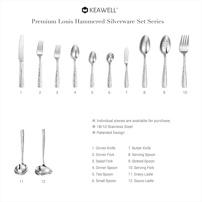 KEAWELL Premium 9.5" Louis Dinner Knives, Set of 4, Stainless Steel Dishwasher Safe, Serrated Knives (Hammered)